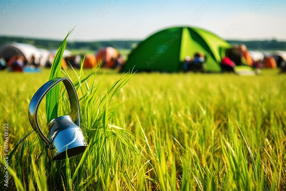 Adventure, tents and cars in the park forest. Outdoor landscape in the morning