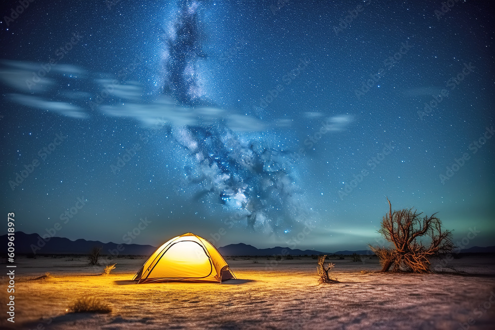  Camping tent under the desert under the starry sky