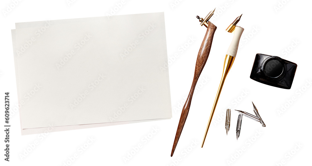 Traditional calligraphy pencils and paper isolated. Calligraphy, arts, lettering concepts.