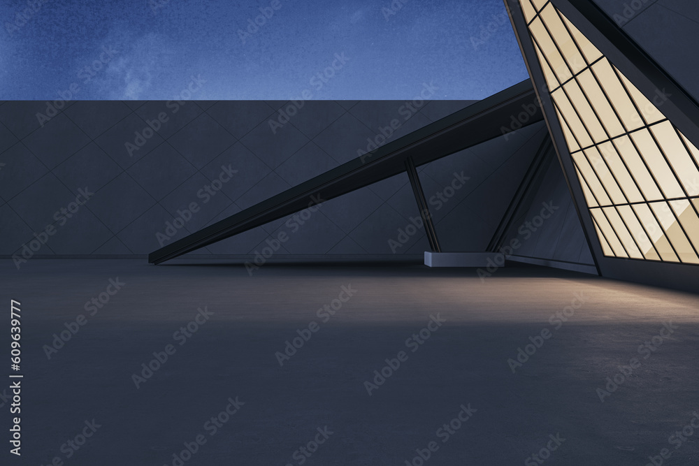 Abstract balcony or terrace with window frame at night. 3D Rendering.