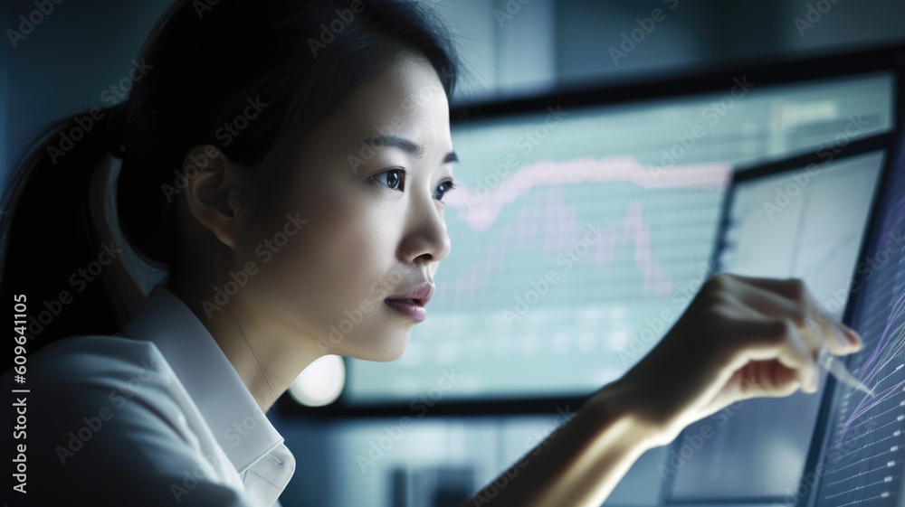 Businessperson Female Asian Mature Analyzing financial data on computer in Office. Generative AI AIG