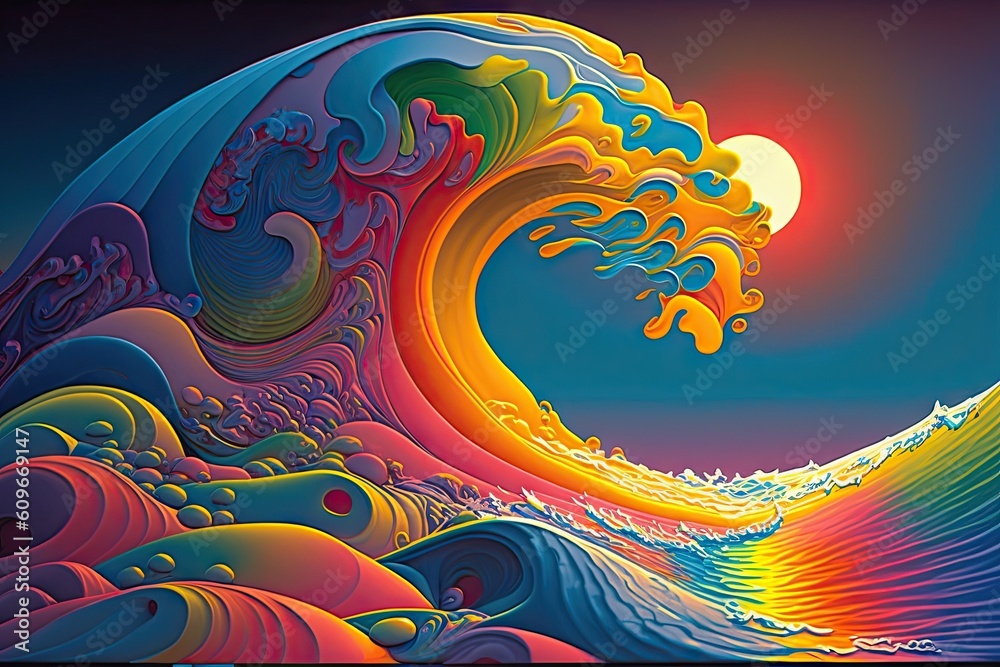 Waves ocean sunbeams artwork colorful water high details. Generative AI AIG15.