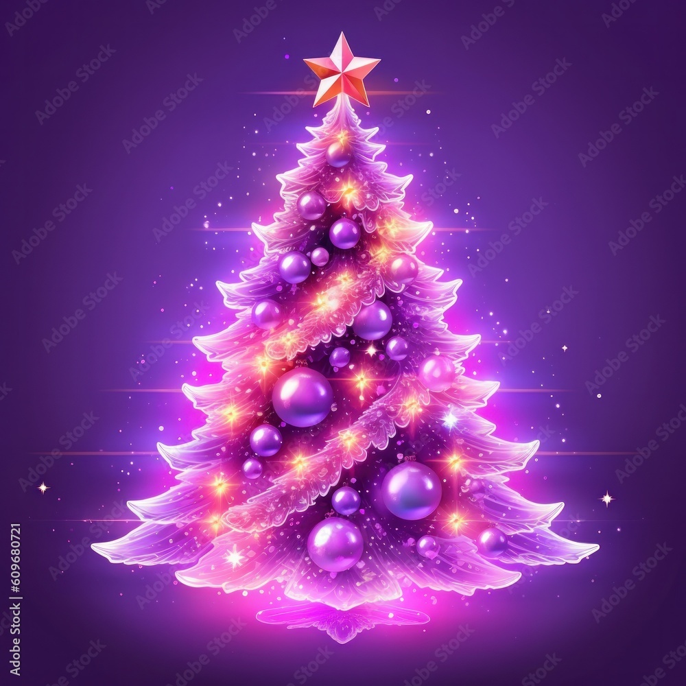 Violet glossy Christmas tree. Illustration AI Generative.