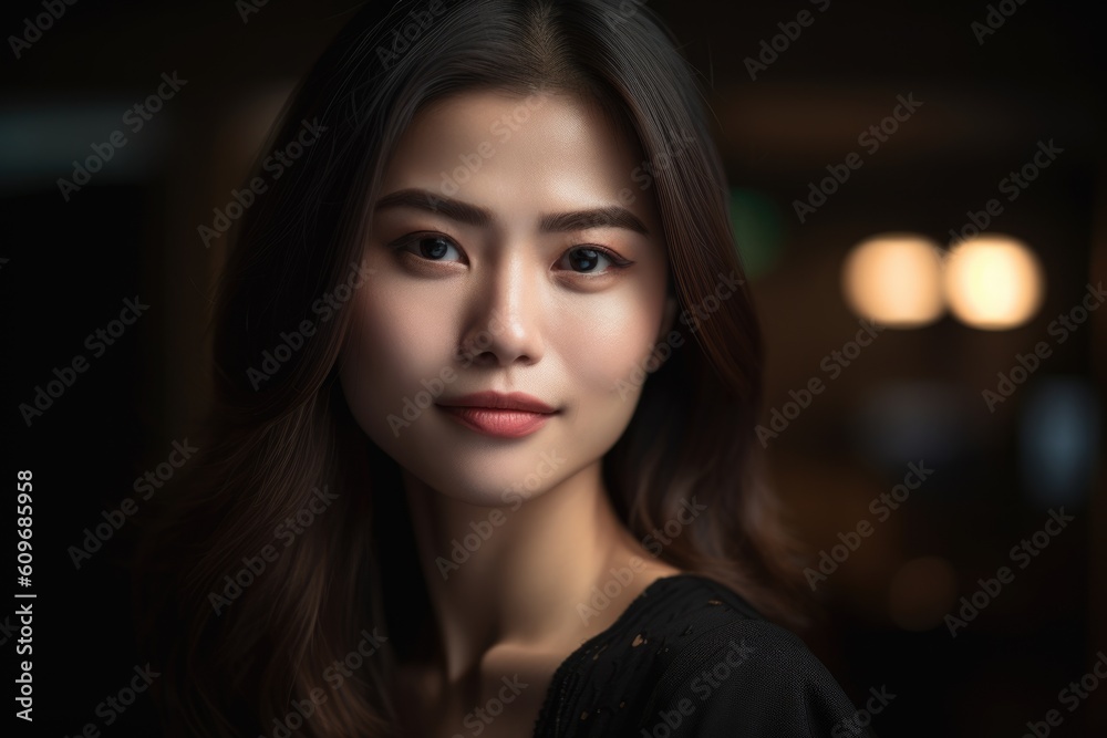 In bright modern office, a young 18 years old beautiful chinese businesswoman with large smile. Gene