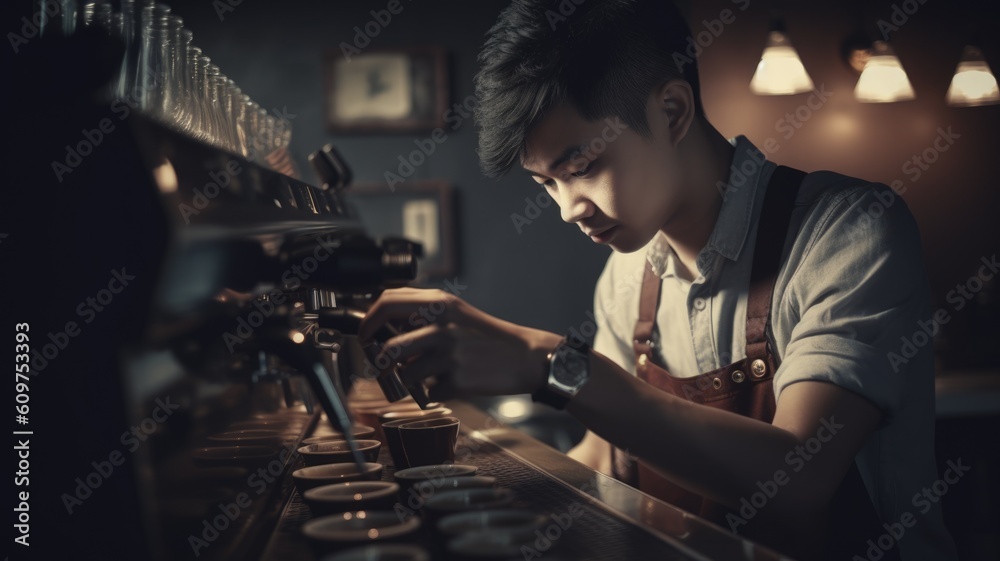 Barista Male Asian Young Adult Preparing espresso shots for drinks in coffee shop. Generative AI AIG