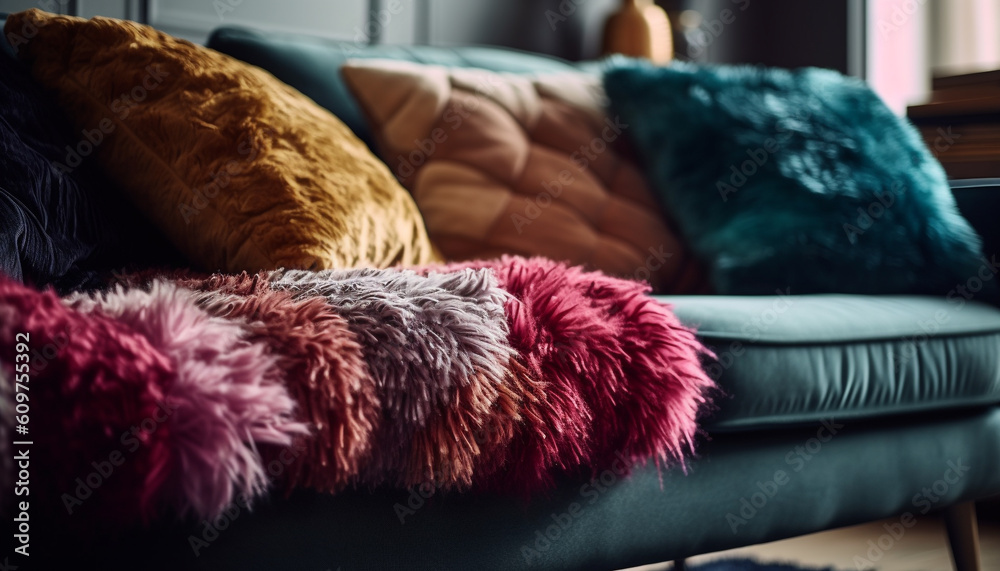 Luxury blue bedding on a comfortable sofa in a modern apartment generated by AI