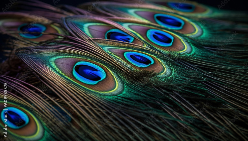 Vibrant peacock tail showcases beauty in nature abstract decoration generated by AI