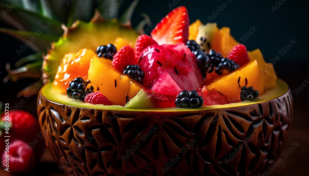 Fresh fruit salad bowl with a variety of colorful berries generated by AI