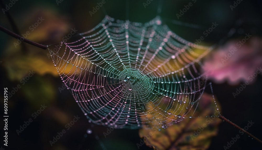 Spinning web traps dew drop, showcasing spider beauty in nature generated by AI