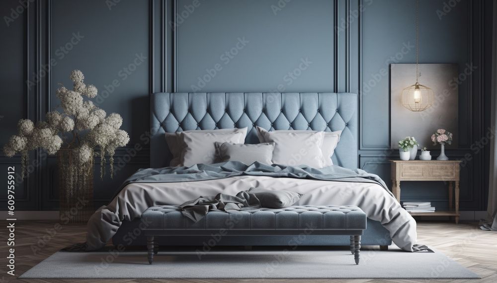 Modern luxury bedroom with comfortable bedding and elegant decor generated by AI