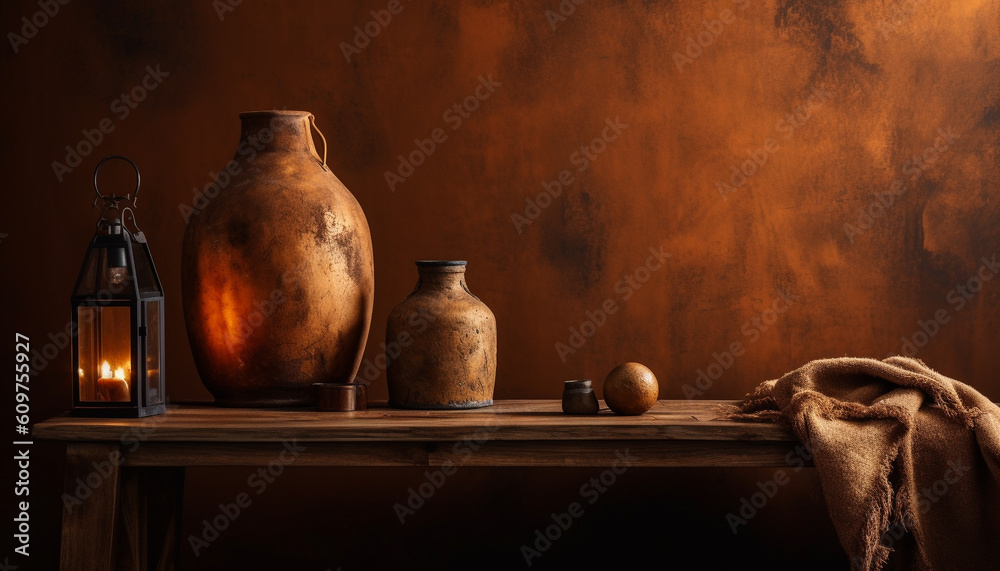 Rustic pottery collection decorates old fashioned wooden table indoors generated by AI