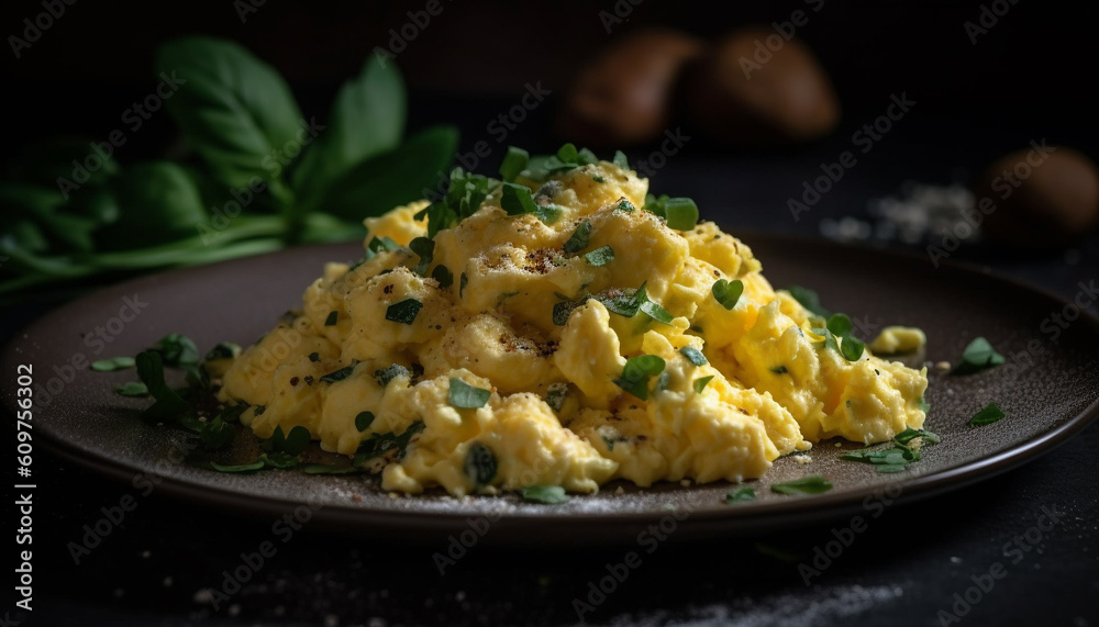 Gourmet vegetarian risotto with fresh parsley on rustic wooden plate generated by AI