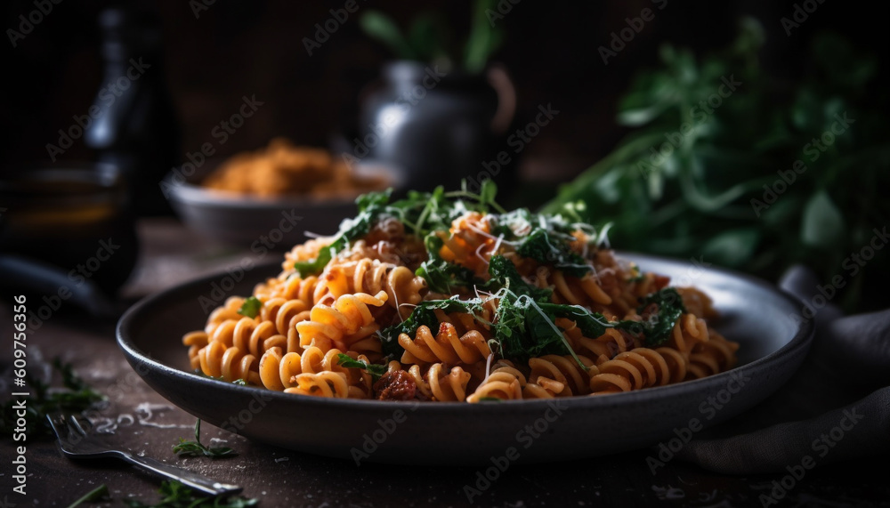 Healthy vegetarian pasta meal with fresh tomato sauce and herbs generated by AI