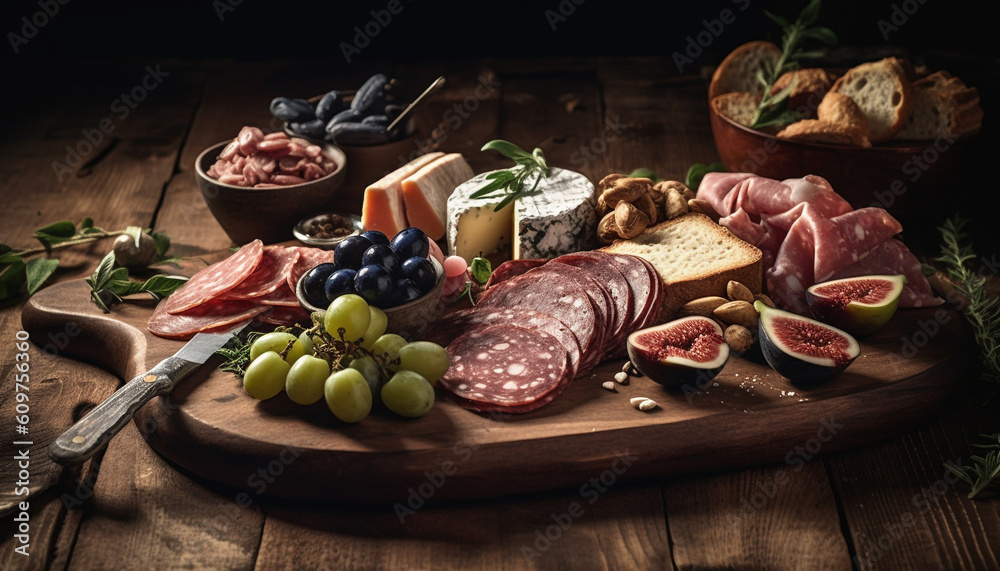 Rustic Italian Delicatessen Meat, Cheese, Fruit, and Bread on Table generated by AI