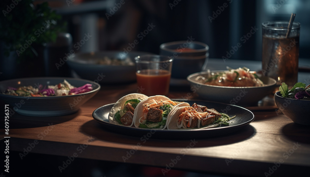 Fresh gourmet meal on wooden plate with healthy vegetarian salad generated by AI