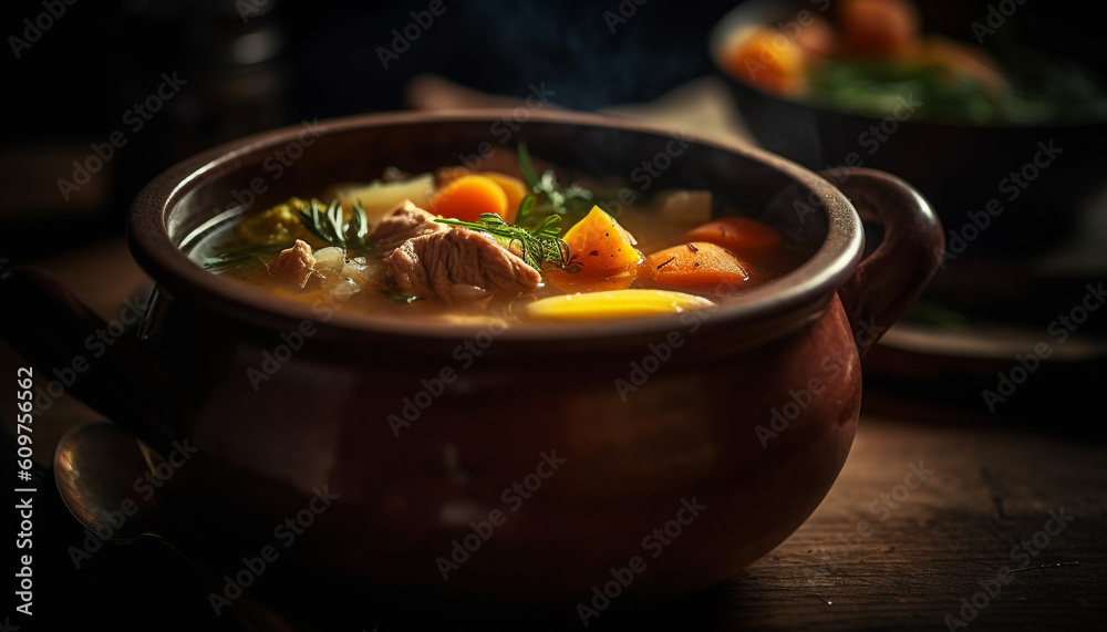 Rustic beef stew cooked in a crockery bowl on wood table generated by AI