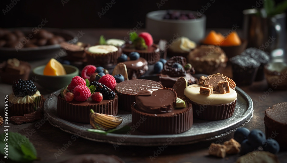 Indulgent gourmet dessert dark chocolate raspberry cheesecake on rustic wood table generated by AI