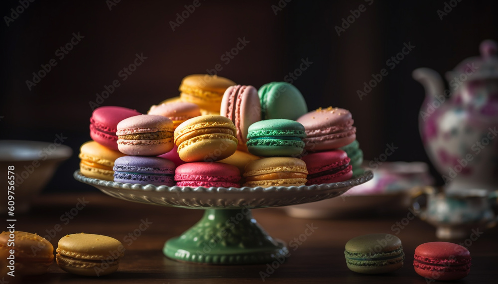 Multi colored macaroon stack, a French gourmet dessert indulgence generated by AI