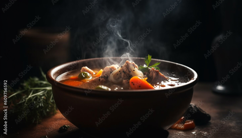 Healthy homemade beef stew with steamed vegetables and rustic bread generated by AI