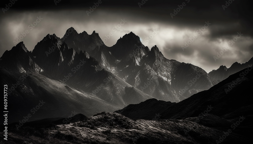 Majestic mountain range, black and white beauty in nature generated by AI