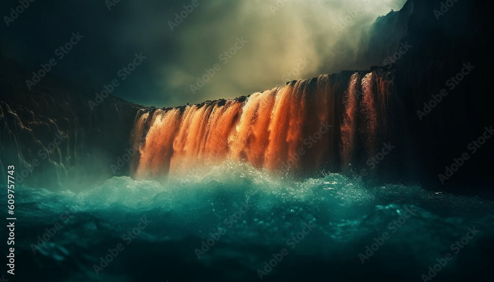 Majestic mountain, flowing water, spray, and sunset create awe inspiring scenery generated by AI