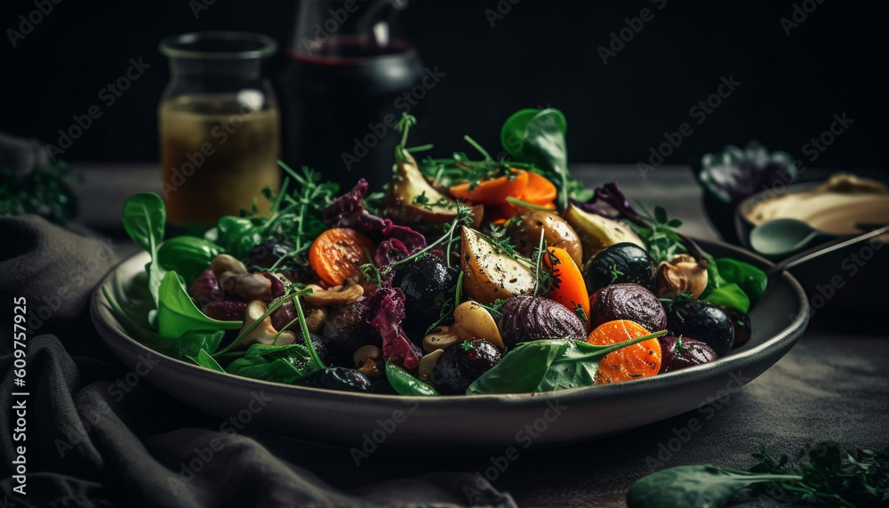 Fresh salad bowl with organic vegetables, homemade olive oil dressing generated by AI