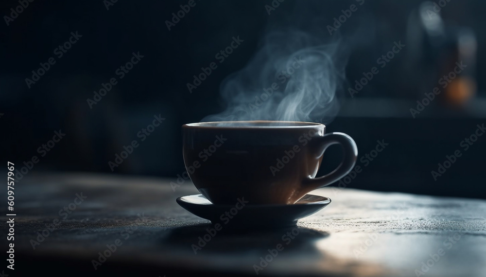 Dark coffee mug on rustic wood table, steam rising invitingly generated by AI