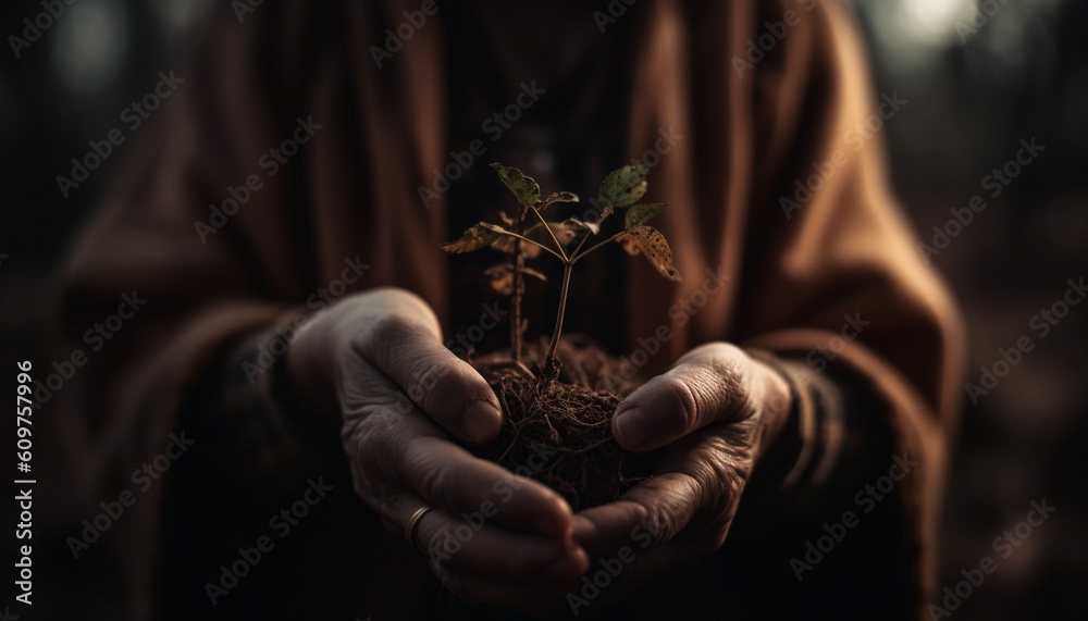 One man holding a seedling, beginning new life in nature generated by AI