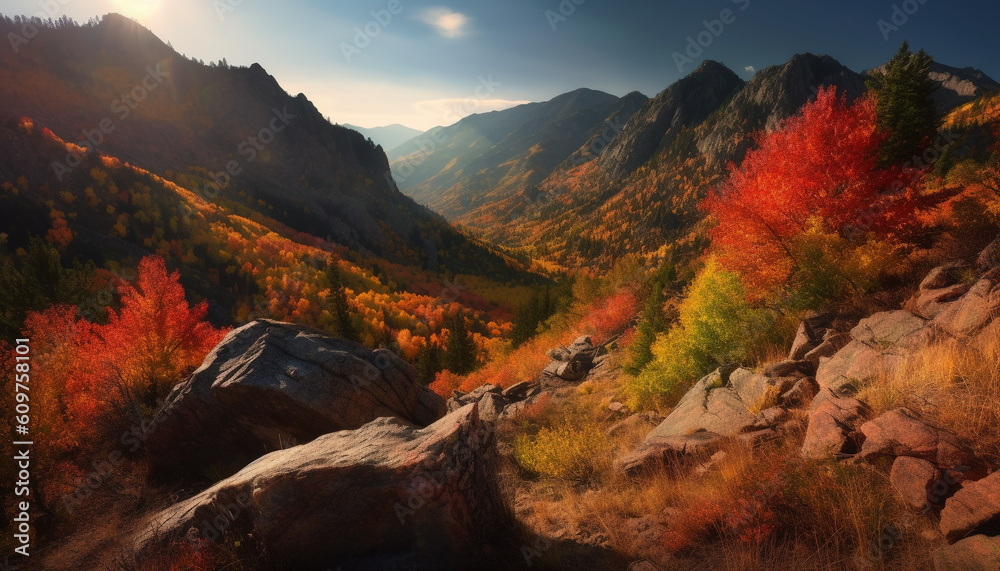 Majestic mountain range, vibrant autumn colors, tranquil rural scene generated by AI