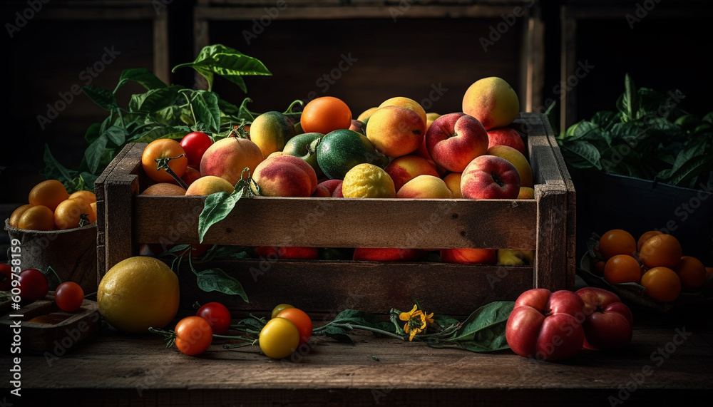 Rustic crate holds large collection of fresh organic vegetables and fruits generated by AI