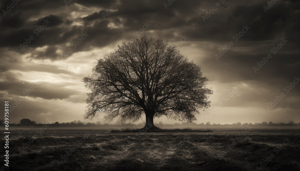 Silhouette of an old tree against a moody sky generated by AI