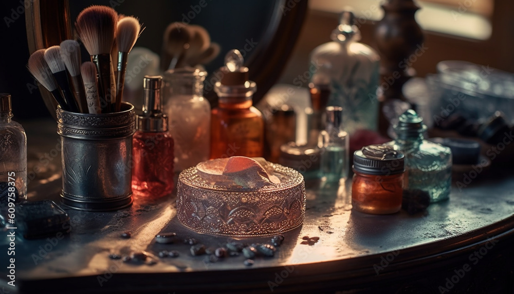 Luxury beauty collection on wooden table with antique perfume bottle generated by AI