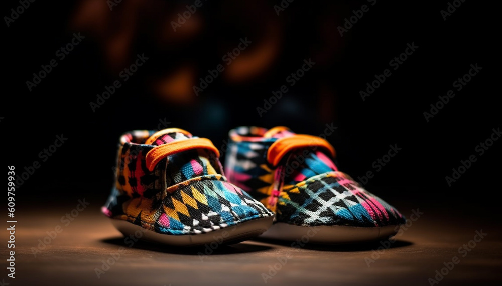 Multi colored sports shoe on wood background with yellow shoelace generated by AI