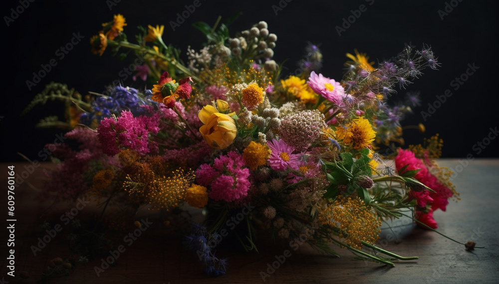 Fresh bouquet of multi colored flowers in a purple vase generated by AI