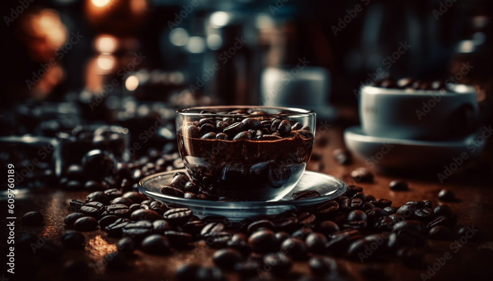 Freshly brewed coffee in a rustic wooden coffee cup saucer generated by AI