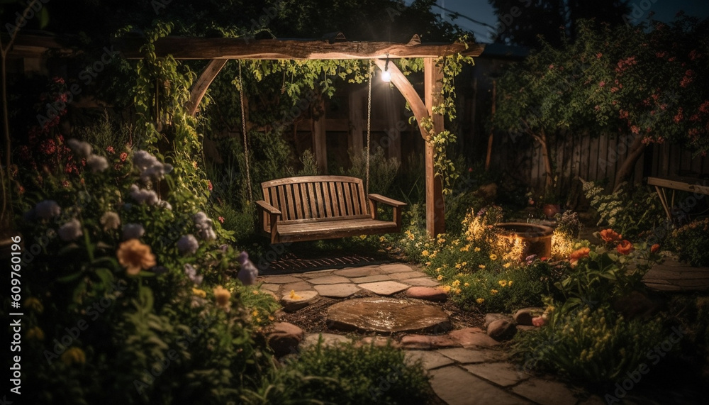 Tranquil scene of a formal garden with yellow flower pot decoration generated by AI