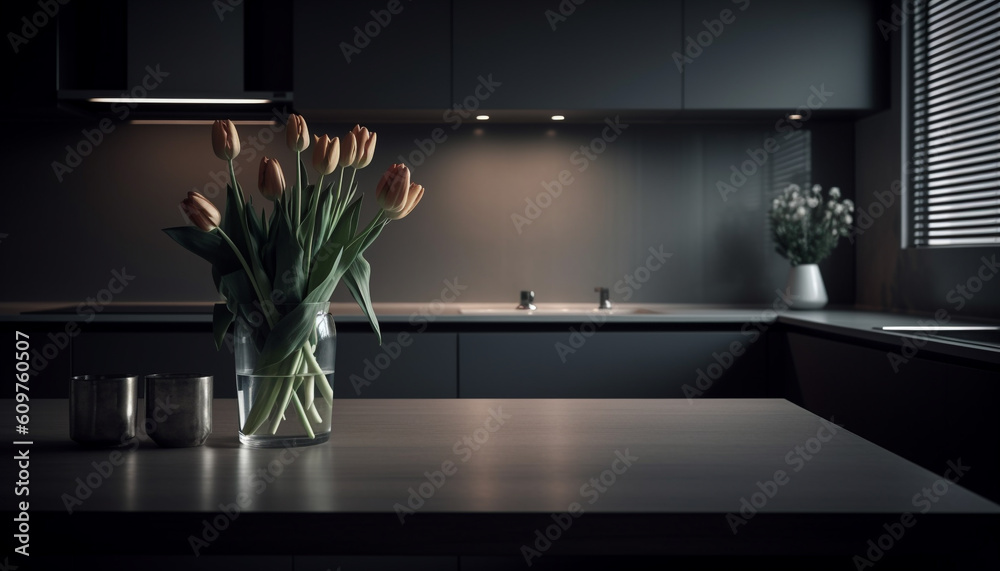 Modern kitchen design with elegant vase, tulip, and fresh flowers generated by AI