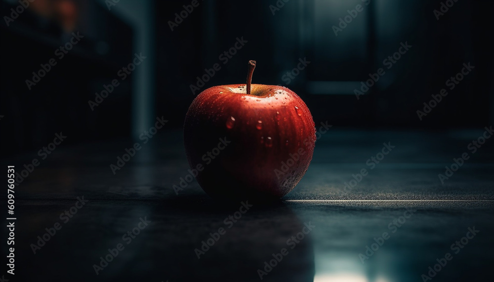 Fresh organic apple on wooden table, reflecting nature healthy lifestyle generated by AI