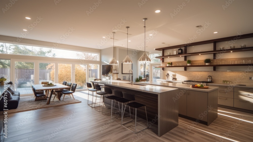 Light wooden floor kitchen interior with dining table and cooking space near window. Generative AI A