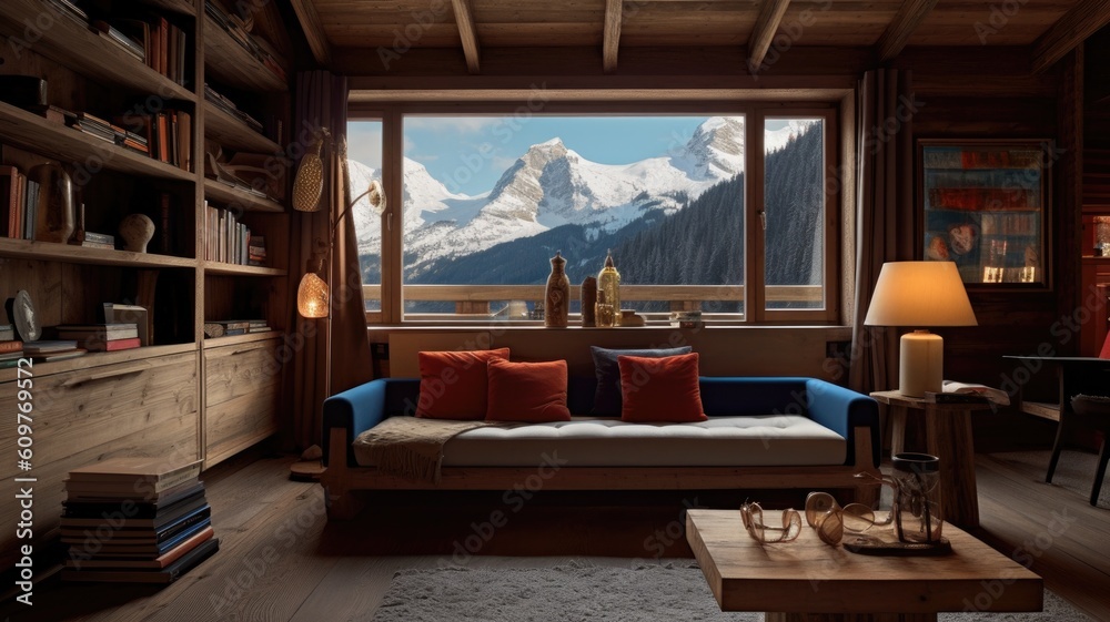 The interior design of modern wooden living room with bookshelf and alps mountain view. Generative A