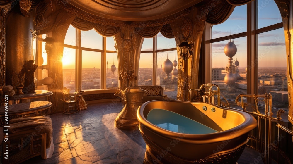 A golden luxury and futuristic palace with golden bathtub. Generative AI AIG27.