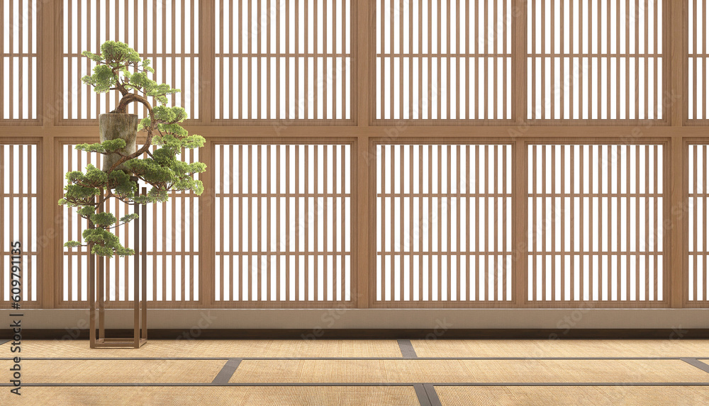 Large beautiful green bonsai tree on stand in traditional Japanese room with shoji window wall, tata