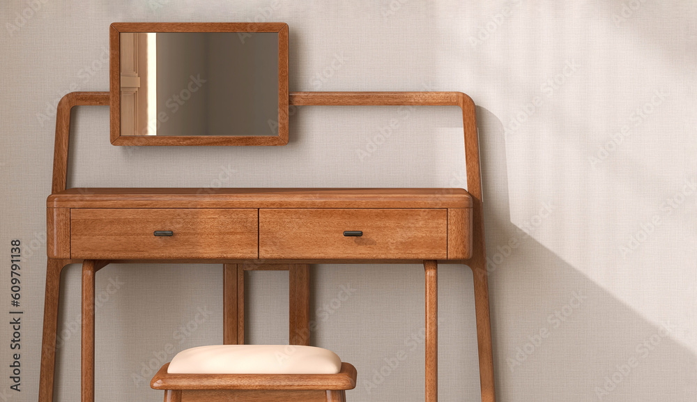 Antique, vintage wooden dressing table, rectangle vanity mirror, cushion stool in sunlight on beige 