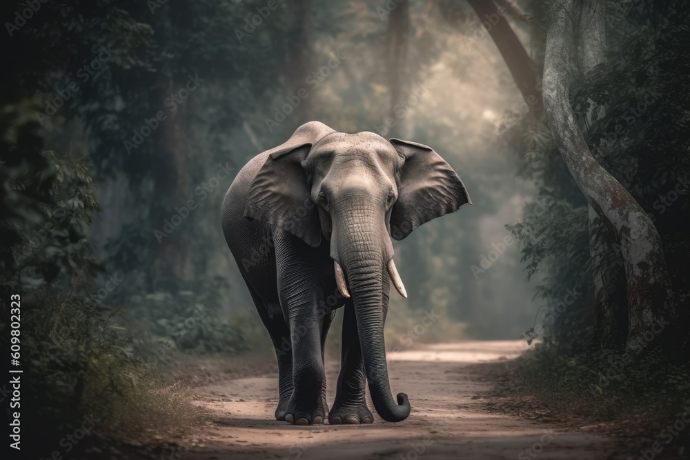 an elephant strolling along a path in a lush forest Generative AI