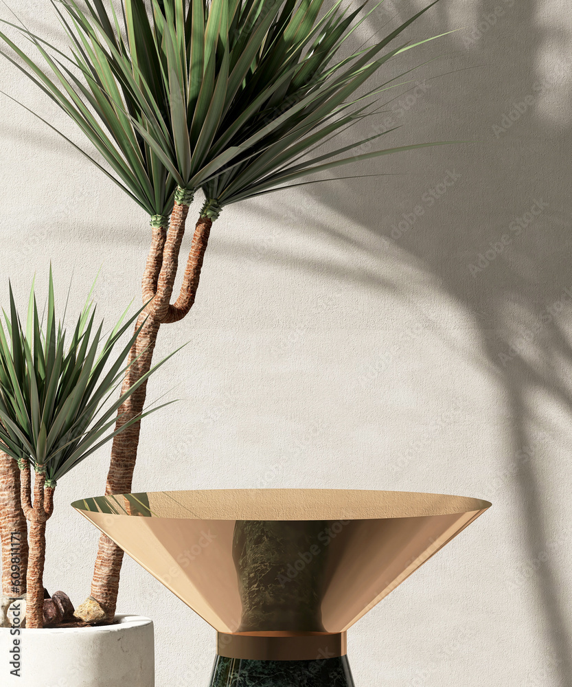 Round empty shiny gold podium table, tropical green dracaena tree in beautiful sunlight, leaf shadow