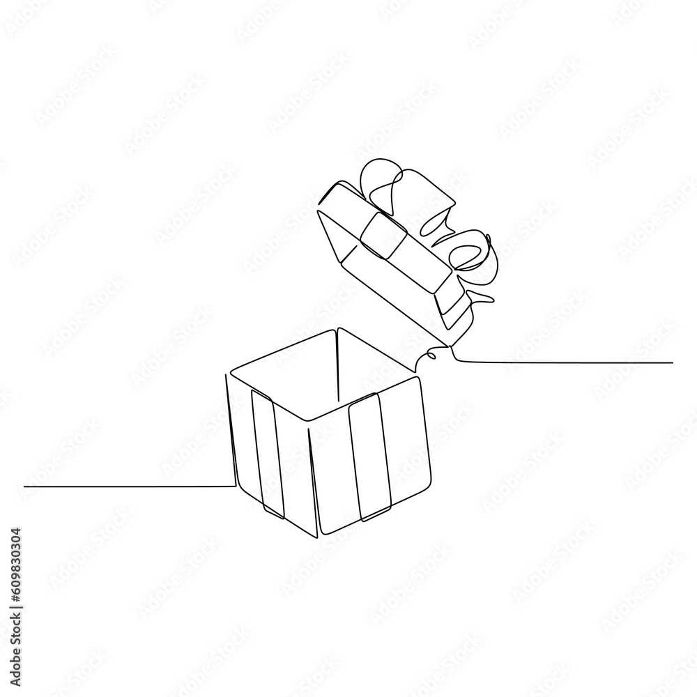 one line drawing continuous design of opened gift box isolated on white background.