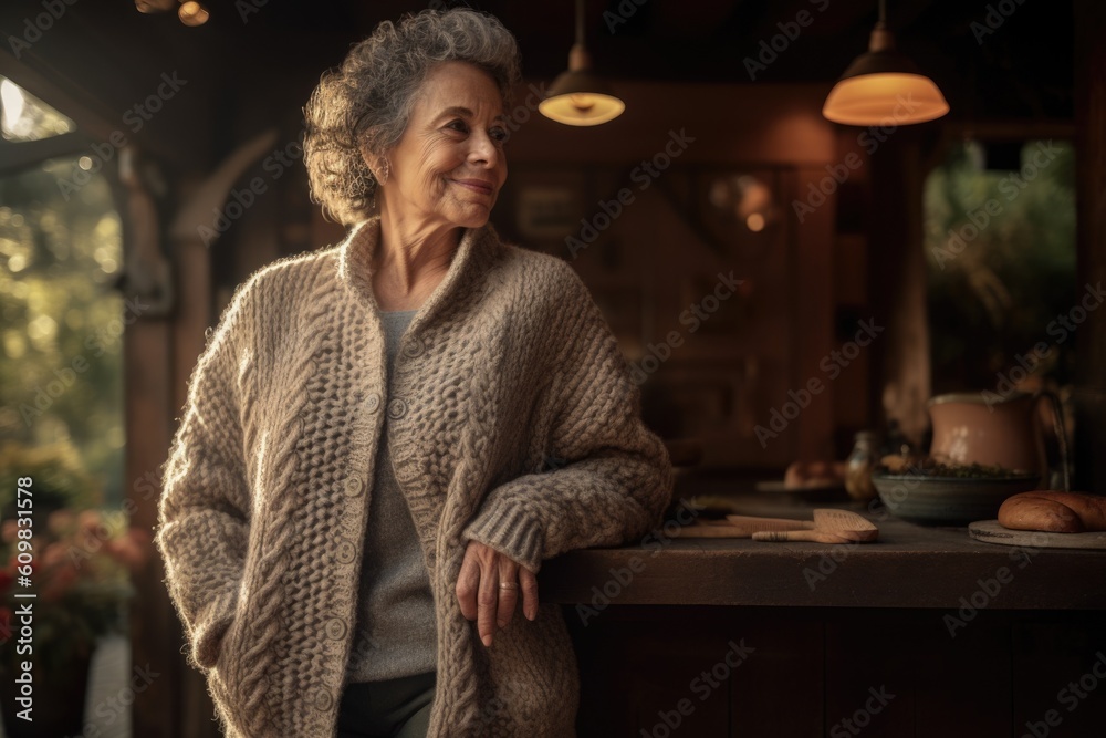 Female Hispanic elderly knitting cozy sweater warmth patio. Generative AI AIG23.