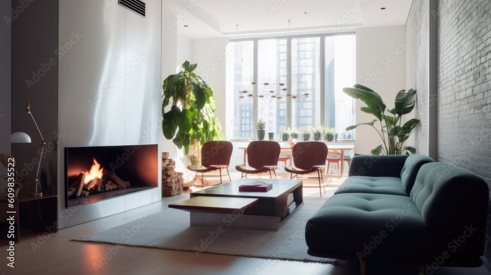 A modern loft large window living room interior design decorated with fireplace and potted plants. G