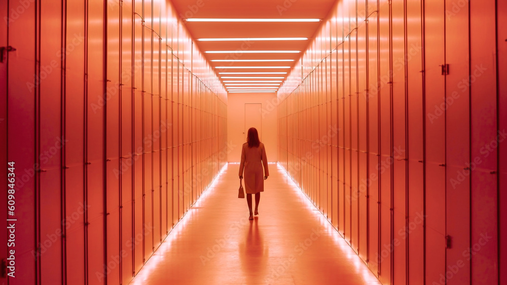 Woman walking in a futuristic corridor with orange neon lights. Generative AI.