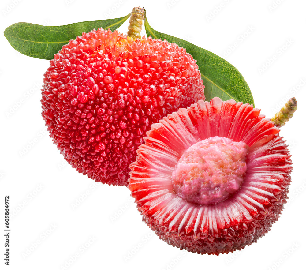 Arbutus berries or Red Yangmei fruit on white, Red Bayberry, Yumberry, Yamamomo, Waxberry on white P